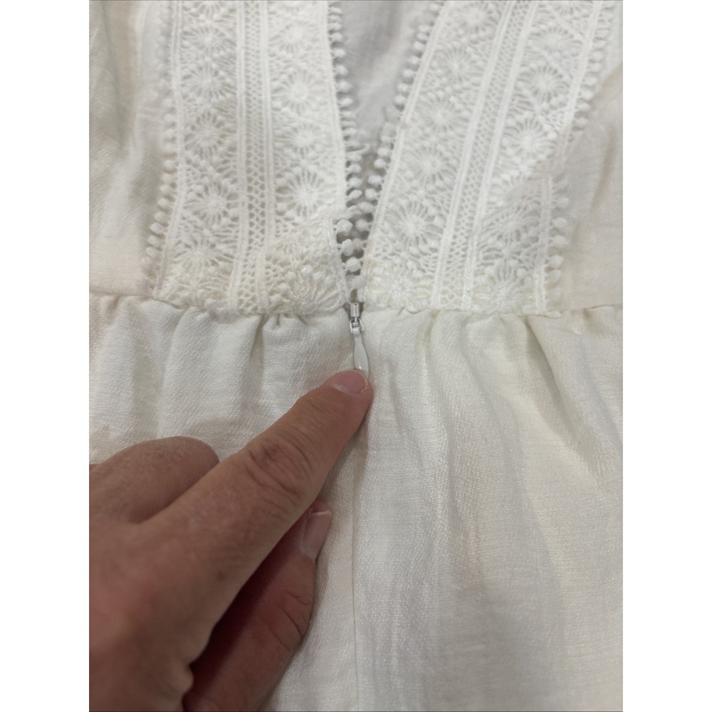 Sabina Musayev White Pom-Pom Crochet Trim Ruffle Tiered Mini Dress V-Neck Size L - Picture 16 of 16